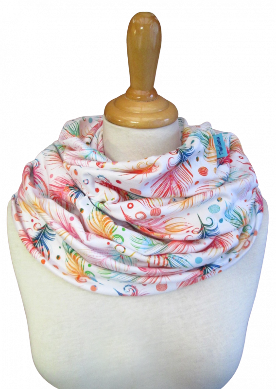 XXL REGENBOGEN FEDERN Schal mit bunten Federn Loopschal aus Jersey Vogelfedern rainbow feathers Fantasy Geschenk z. Geburtstag Muttertag