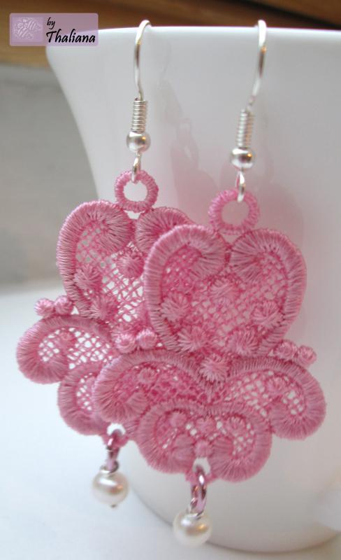 FAIRYTALE romantische Ohrringe leicht FSL gestickt rosa mit echten Perlen