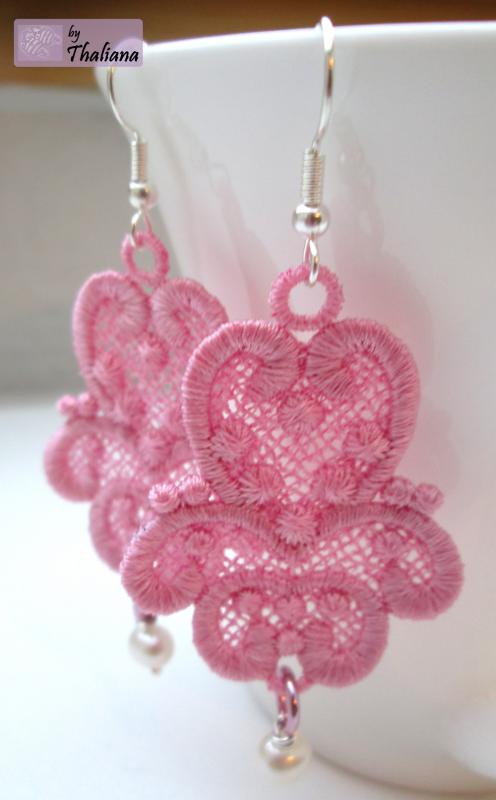 FAIRYTALE romantische Ohrringe leicht FSL gestickt rosa mit echten Perlen