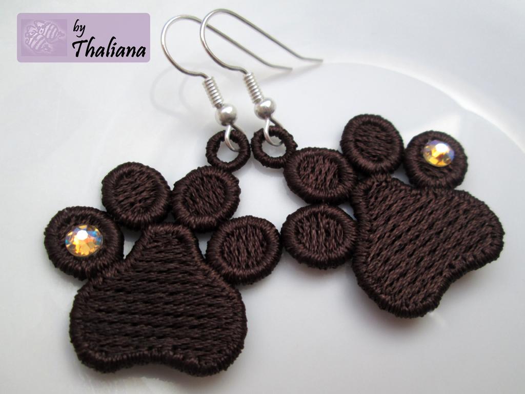 PFOTEN-Ohrringe - federleicht FSL gestickt braun mit Glitzer für Hundeliebhaber