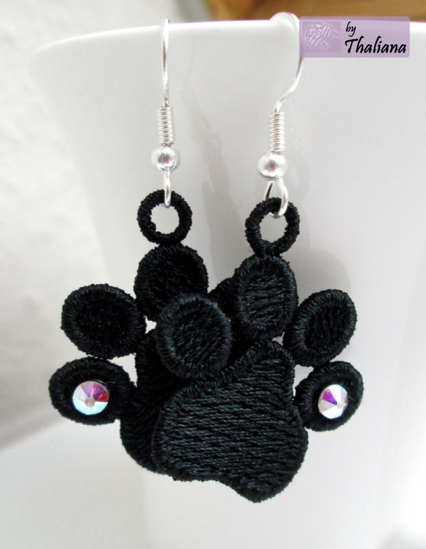 PFOTEN Ohrringe federleicht FSL gestickt schwarz mit Glitzer - für Hunde-Liebhaber